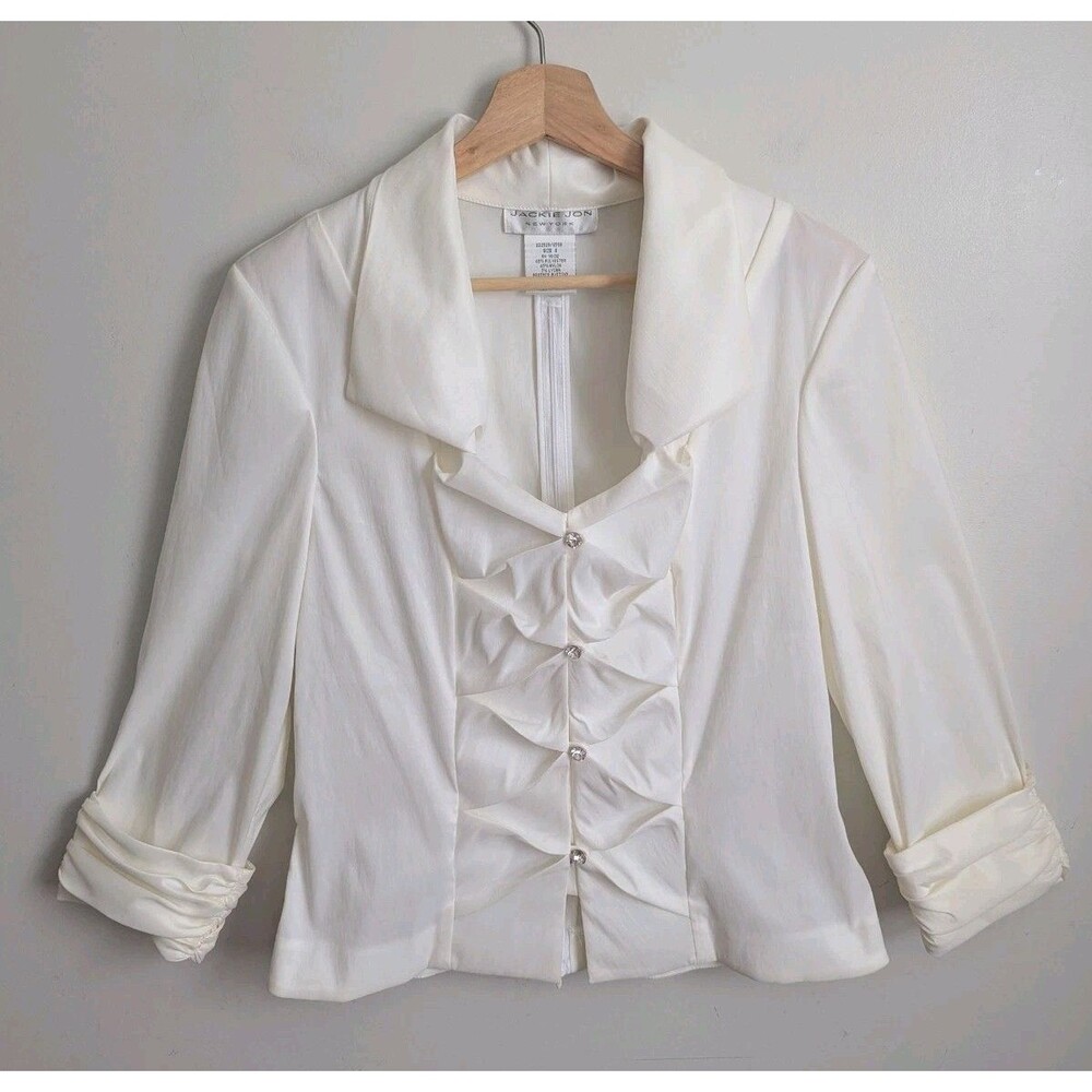 Jackie Jon Dressy Taffeta Jacket Top Ivory White Rhinestones Stretch 8 Evening